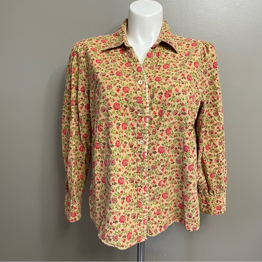 BASIC EDITIONS 1X Vintage Yellow Floral Corduroy Long Sleeve Shirt Cottagecore